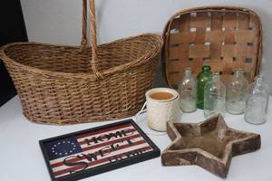 lot 37 image: Home Decor and Americana - Vintage Bottles, Basket, Wax Warmer