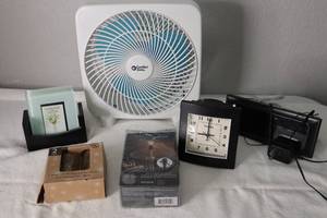lot 66 image: Portable Desk Fan, Vintage Style Bulbs, Alarm Clocks and Glass Picture Coasters.