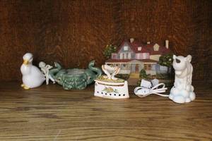 lot 102 image: Mixed collection with unicorn night light   vintage green majolica-style pottery planter duck figurine hand-painted decorative ornament shaped like a flat iron, trinket box. And more see pictures for details