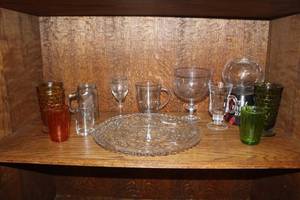 lot 114 image: vintage glassware with vintage green glassware and amber-colored drinking glasses  and much more see pictures