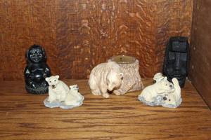 lot 118 image: polar bear family figurine set and Vintage Coco Joes Hawaii Laughing Buddha Figure Black 4 Tall and  and more see pictures