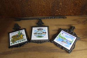 lot 155 image: set of vintage cast iron and ceramic tile trivets  2 made in Japan and more see pictures for details
