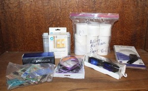 lot 214 image: Mixed lot of things like adding machine paper rolls glasses and more