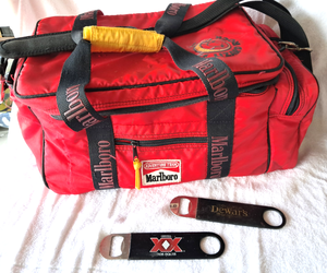 lot 172 image: Marlboro branded thermal cooler and Dos Equis & DeWars bottle openers