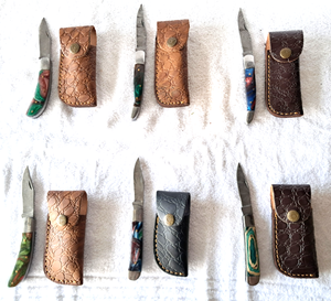 lot 126 image: NEW genuine Damascus steel blade folding pocket knives with leather sheaths (Bid is times the quantity)
