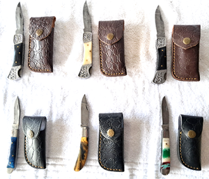 lot 206 image: NEW genuine Damascus steel blade folding pocket knives with leather sheaths (Bid is times the quantity)