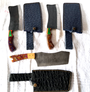 lot 166 image: NEW genuine Damascus steel blade clever knives with leather sheaths (Bid is times the quantity)