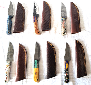 lot 165 image: NEW genuine Damascus steel blade knives with leather sheaths (Bid is times the quantity)