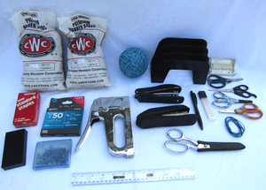 lot 2 image: Assorted office supplies, scissors, staplers, packs of rubber bands etc.