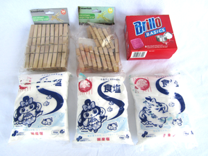 lot 8 image: Japanese laundry soap, Brillo pads, and clothes pins