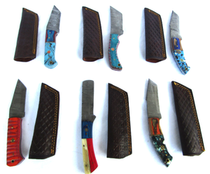 lot 15 image: NEW genuine Damascus steel blade knives with leather sheaths (Bid is times the quantity)