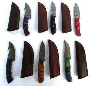 lot 17 image: NEW genuine Damascus steel blade knives with leather sheaths (Bid is times the quantity)