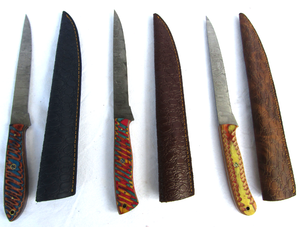 lot 18 image: NEW genuine Damascus steel blade filet knives with leather sheaths (Bid is times the quantity)