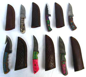 lot 19 image: NEW genuine Damascus steel blade knives with leather sheaths (Bid is times the quantity)