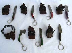 lot 26 image: NEW genuine Damascus steel blade keychain pocket and mini lanyard knives with leather sheaths (Bid is times the quantity)