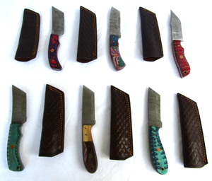 lot 30 image: NEW genuine Damascus steel blade knives with leather sheaths (Bid is times the quantity)