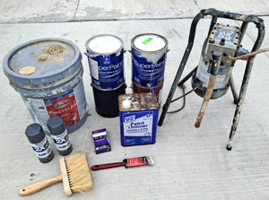 lot 31 image: Campbell Hausfeld 23 hp airless paint sprayer (Needs repaired), includes Paint & supplies as shown