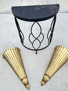lot 186 image: Metal base wood top occasional table and two large gold tone wall sconces