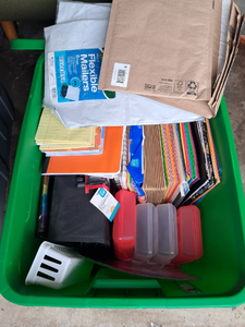 lot 177 image: Storage tote full of shipping and office supplies