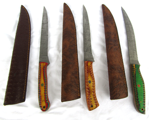 lot 38 image: NEW genuine Damascus steel blade filet knives with leather sheaths (Bid is times the quantity)