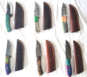lot 46 image: NEW genuine Damascus steel blade knives with leather sheaths (Bid is times the quantity)