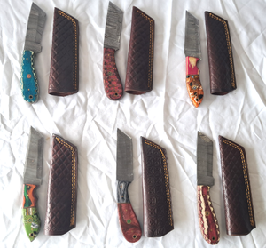 lot 47 image: NEW genuine Damascus steel blade knives with leather sheaths (Bid is times the quantity)