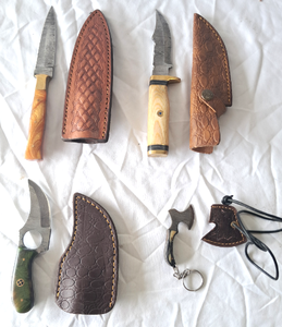 lot 50 image: NEW genuine Damascus steel blade knives with leather sheaths (Bid is times the quantity)