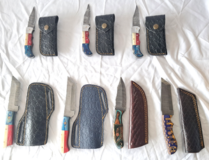 lot 51 image: NEW genuine Damascus steel blade knives with leather sheaths (Bid is times the quantity)