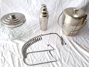 lot 58 image: Wet bar items, ice buckets, shaker, bottle holder