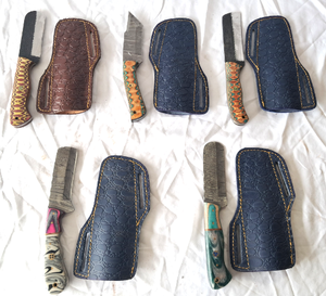 lot 59 image: NEW genuine Damascus steel blade knives with leather sheaths (Bid is times the quantity)