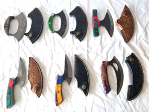 lot 60 image: NEW genuine Damascus steel blade knives with leather sheaths (Bid is times the quantity)