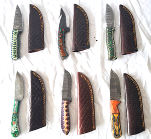 lot 61 image: NEW genuine Damascus steel blade knives with leather sheaths (Bid is times the quantity)