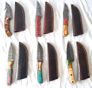 lot 62 image: NEW genuine Damascus steel blade knives with leather sheaths (Bid is times the quantity)