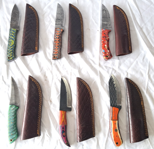lot 63 image: NEW genuine Damascus steel blade knives with leather sheaths (Bid is times the quantity)