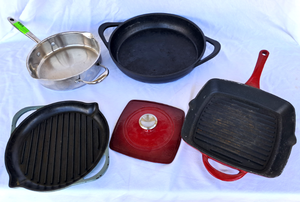 lot 79 image: Wolfgang Puck Stainless steel cooking pan, Cravings by Chrissy Teigen Cast iron pans