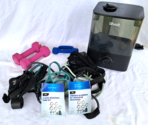 lot 128 image: Crane 5 level resistance tube exercise set, dumbbells, and Levolt ultrasonic humidifier