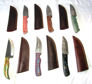 lot 85 image: NEW genuine Damascus steel blade knives with leather sheaths (Bid is times the quantity)
