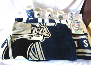 lot 88 image: Dallas Cowboys collectibles, cups, throw blanket, plus