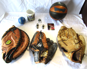 lot 86 image: Assorted sports equipment, baseball gloves, basketball, plus as shown