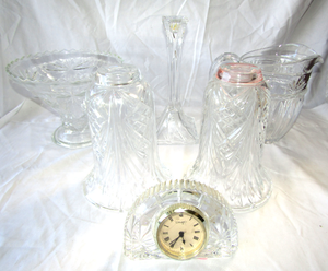 lot 91 image: Towle full lead crystal torchiere lamp globes plus assorted glassware