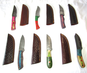 lot 98 image: NEW genuine Damascus steel blade knives with leather sheaths (Bid is times the quantity)