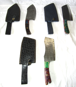 lot 191 image: NEW genuine Damascus steel blade clever knives with leather sheaths (Bid is times the quantity)