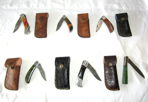 lot 194 image: NEW genuine Damascus steel blade folding pocket knives with leather sheaths (Bid is times the quantity)