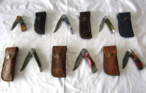 lot 147 image: NEW genuine Damascus steel blade folding pocket knives with leather sheaths (Bid is times the quantity)