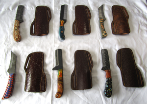 lot 132 image: NEW genuine Damascus steel blade knives with leather sheaths (Bid is times the quantity)
