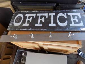 lot 7 image: Wood sign Office and coat hat rack