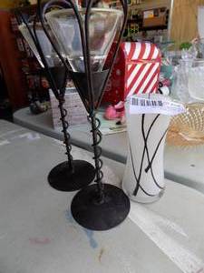 lot 194 image: 2 wire and glass candle holders and black and white hand blown glass vase