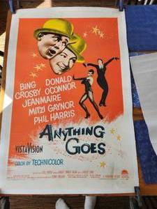 lot 10 image: Vintage 1950s movie poster - Anything Goes - 27 x 41 - Bing Crosby, Donald OConnor, Jeanmaire - Has been professionally reserved with a linen backing ( $150 to $275 process) - Very good poster - High Dollar item