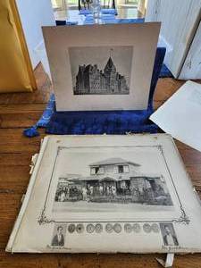 lot 163 image: Selection of vintage black and white prints that have been mostly glued to pages of an old book