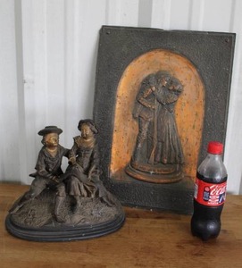 lot 17 image: antique figural sculpture, possibly made of spelter or bronzed metal and vintage cast relief plaque,